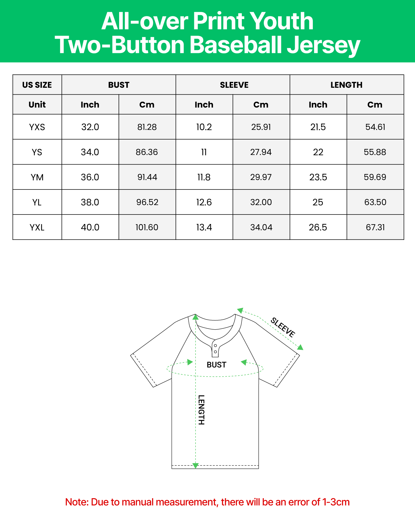 All-over Print Youth Two-Button Baseball Jersey