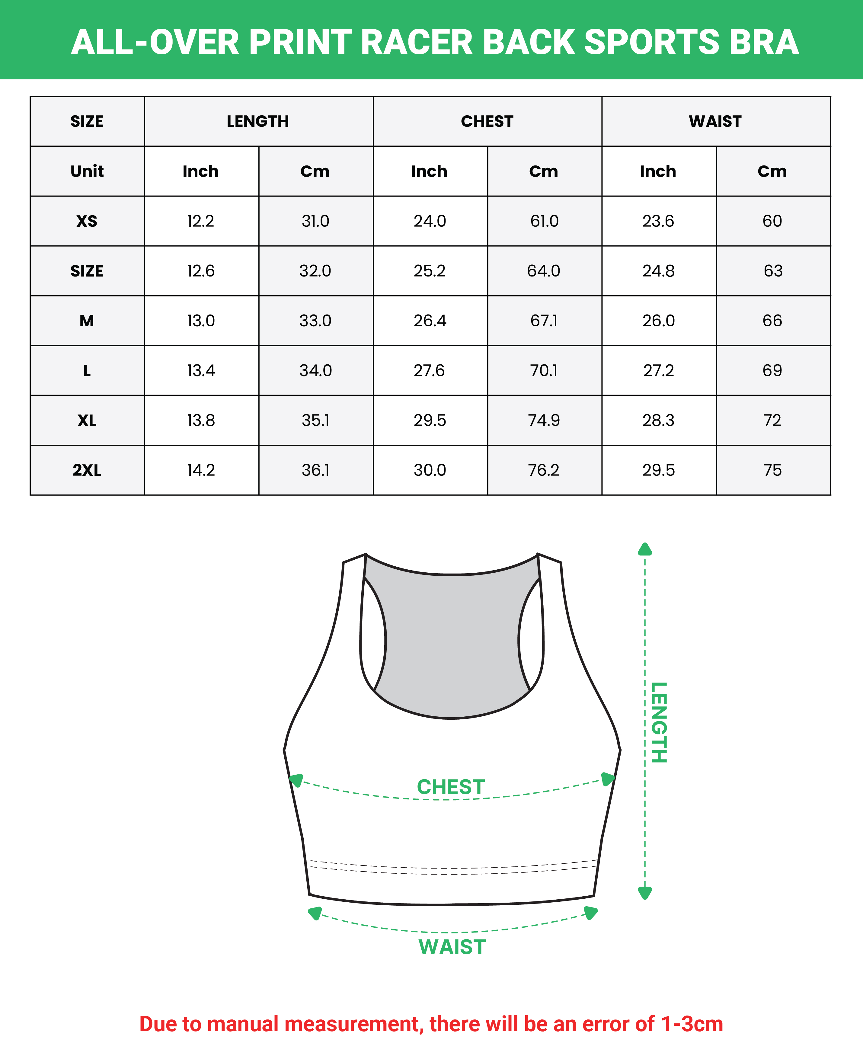 all over print sports bra size chart