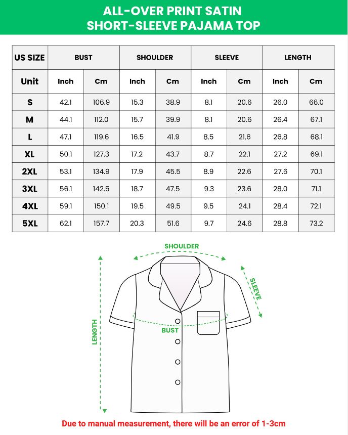All-over Print Satin Short-Sleeve Pajamas Set with Long Pants size chart