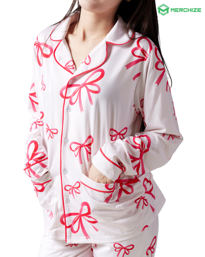 All-over Print Piping Pajamas Set with Double Pockets