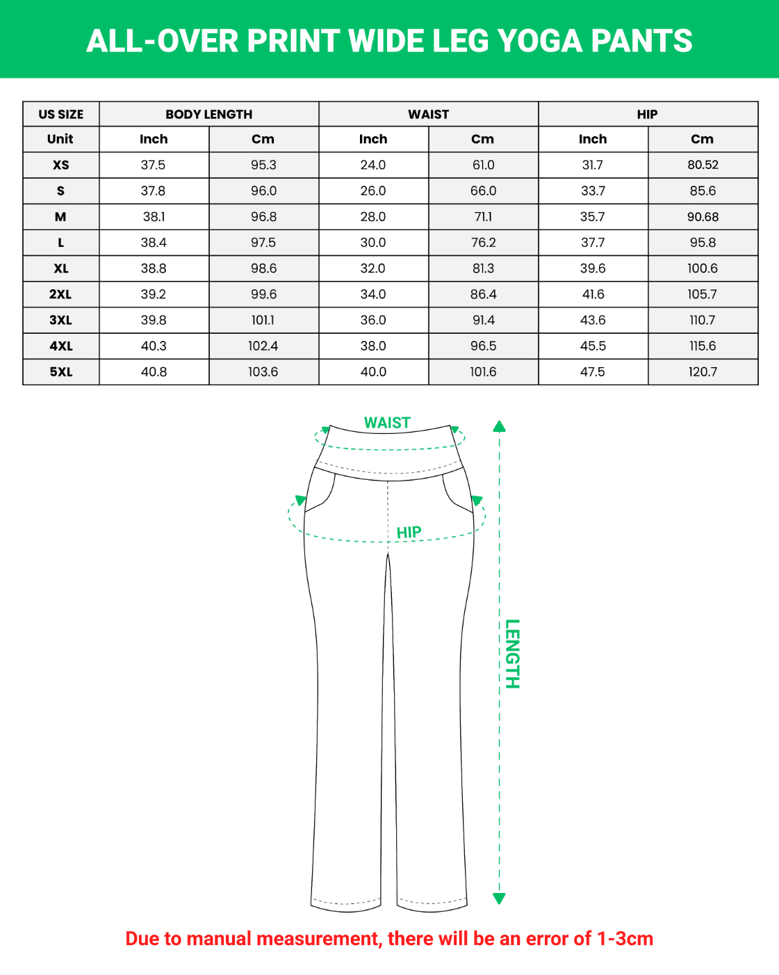 All-over Print Wide Leg Yoga Pants size chart