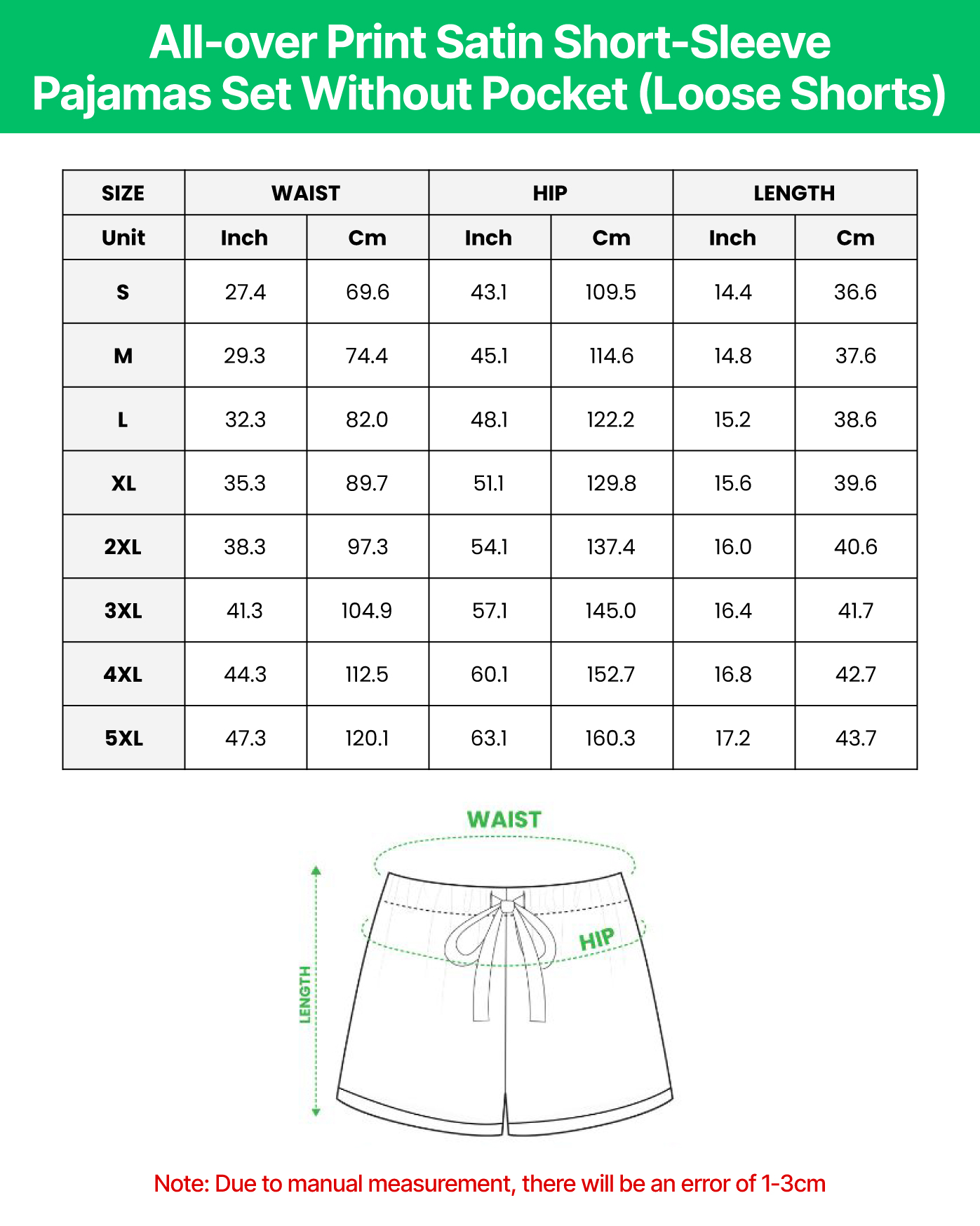 All-over Print Satin Short-Sleeve Pajamas Set Without Pocket (Loose Shorts)