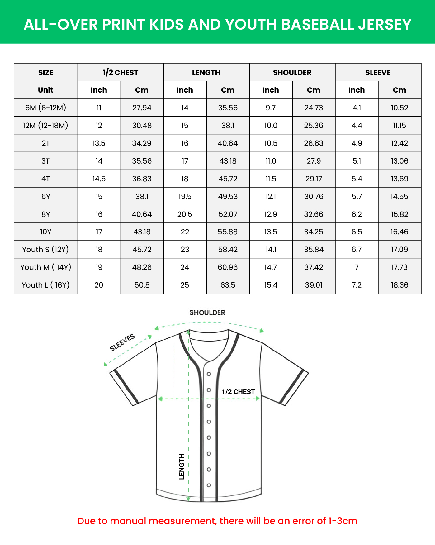 All-over print kids and youth baseball jersey without piping size chart