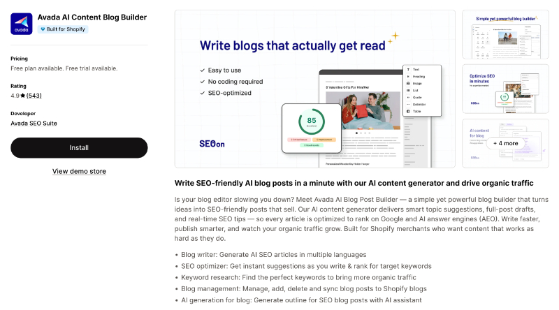 avada AI blog builder shopify content SEO apps