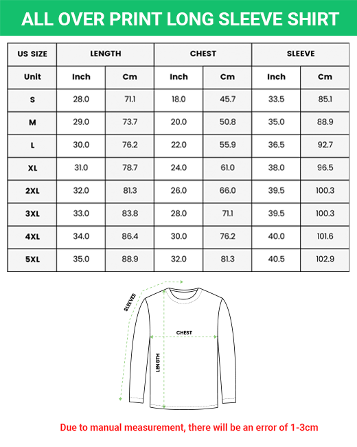 personalized long sleeve shirts size chart