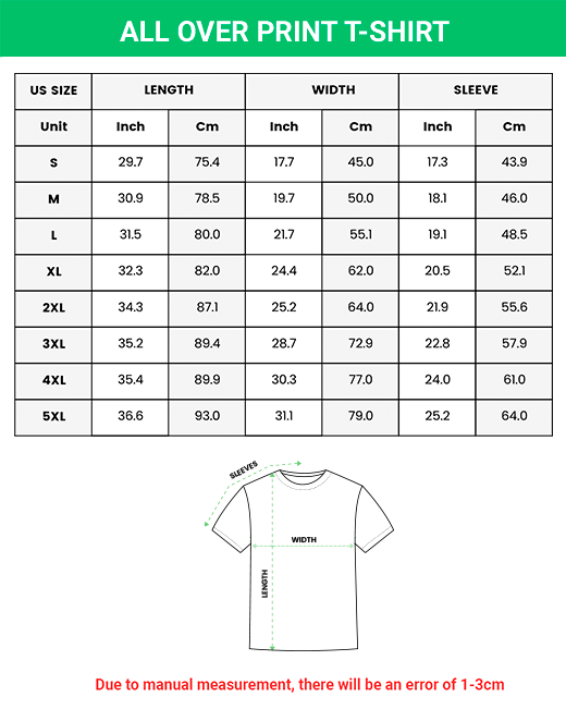 print on demand t-shirt size chart
