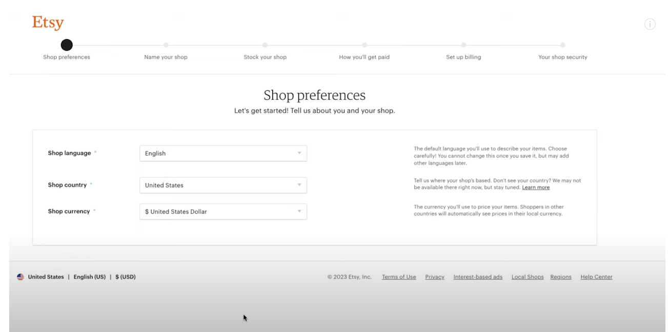 Etsy account creation interface