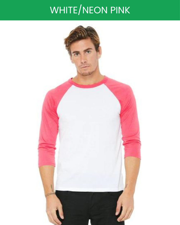 Unisex 3/4 Sleeve Baseball T-shirt Bella Canvas 3200 White Neon Pink