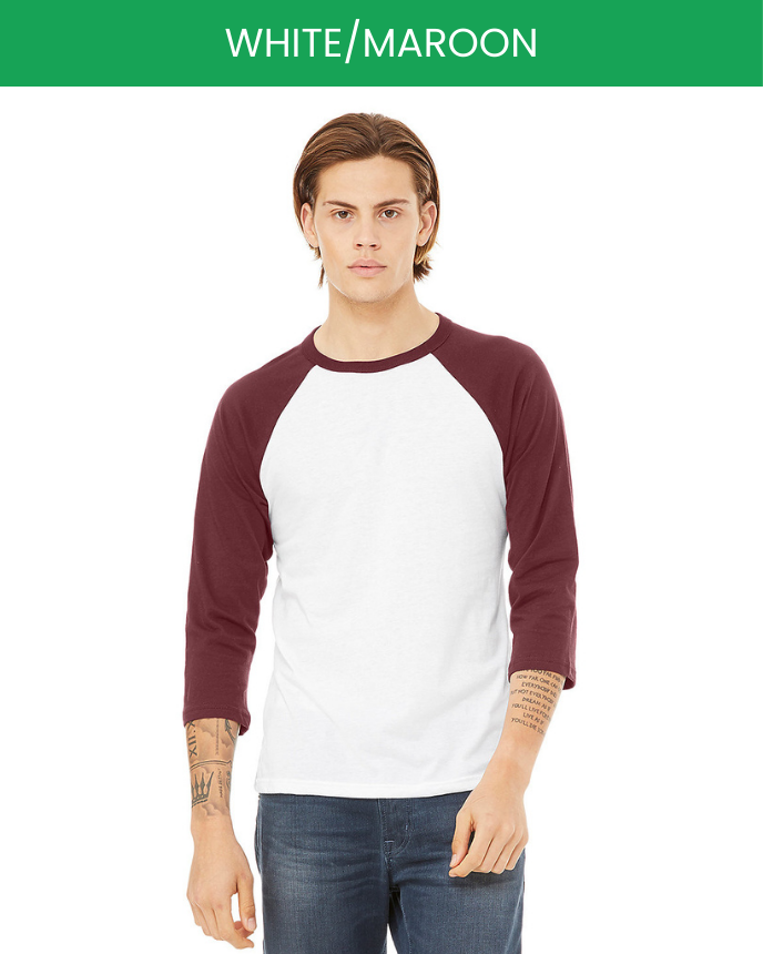 Unisex 3/4 Sleeve Baseball T-shirt Bella Canvas 3200 White Maroon