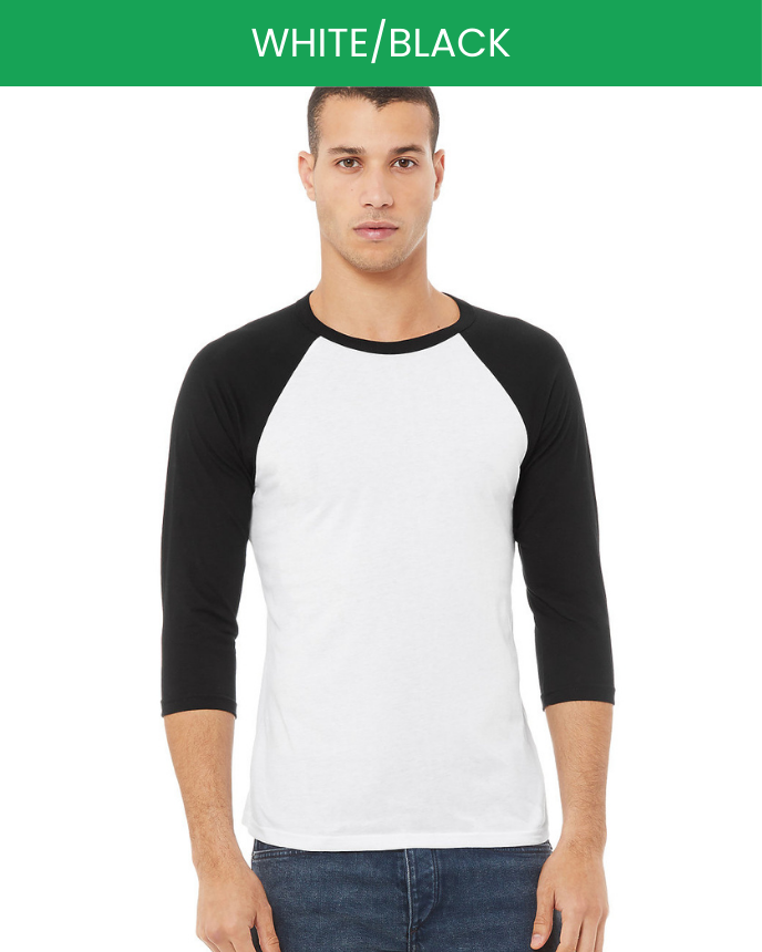 Unisex 3/4 Sleeve Baseball T-shirt Bella Canvas 3200 White Black