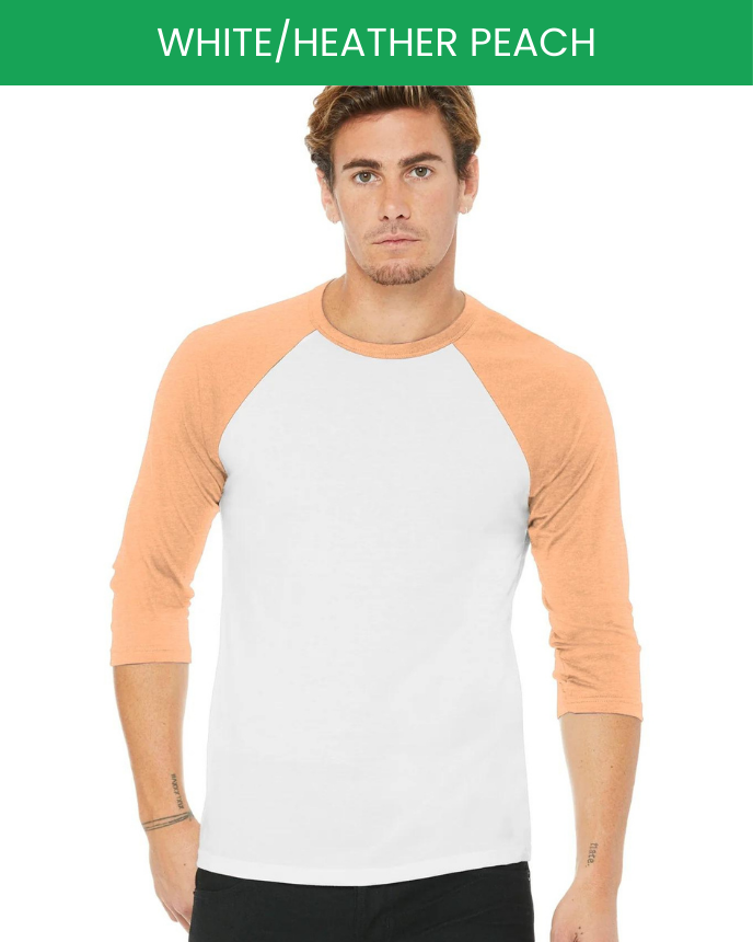 Unisex 3/4 Sleeve Baseball T-shirt Bella Canvas 3200 White Heather Peach