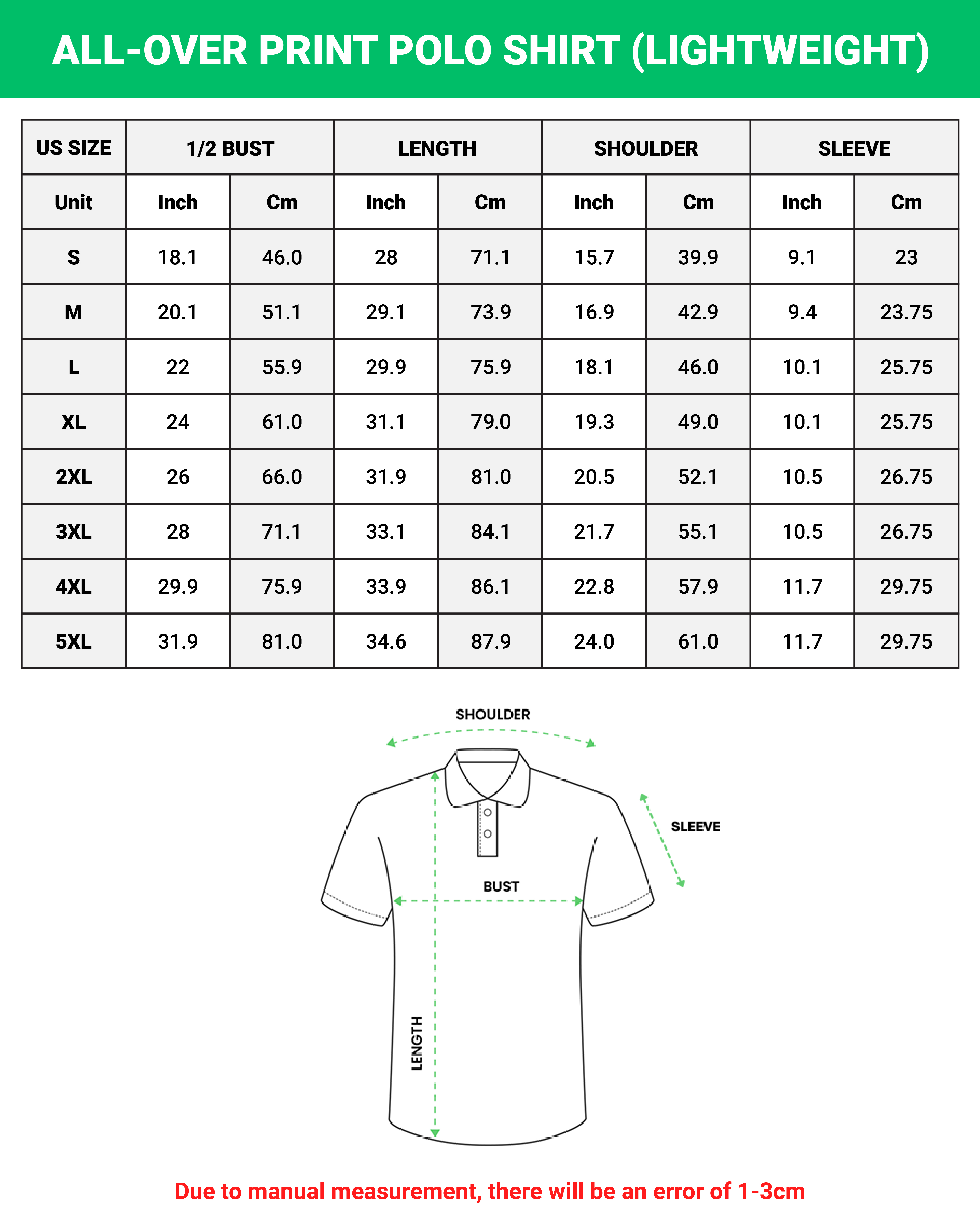 all over print polo shirt size chart