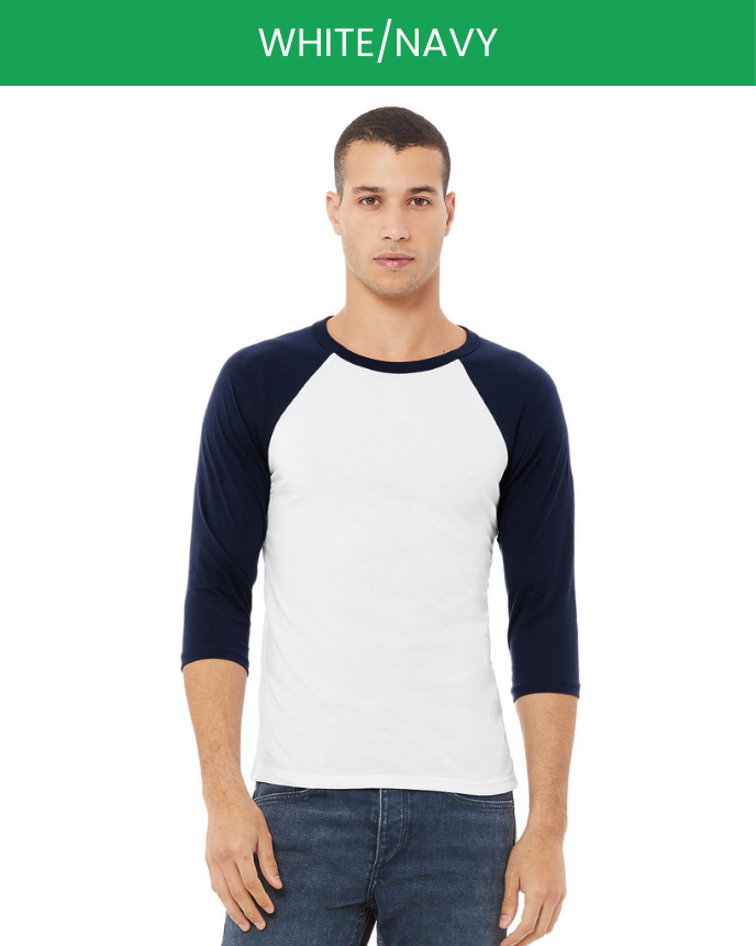 Unisex 3/4 Sleeve Baseball T-shirt Bella Canvas 3200 White Navy