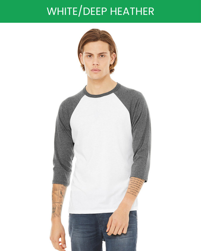 Unisex 3/4 Sleeve Baseball T-shirt Bella Canvas 3200 White Deep Heather