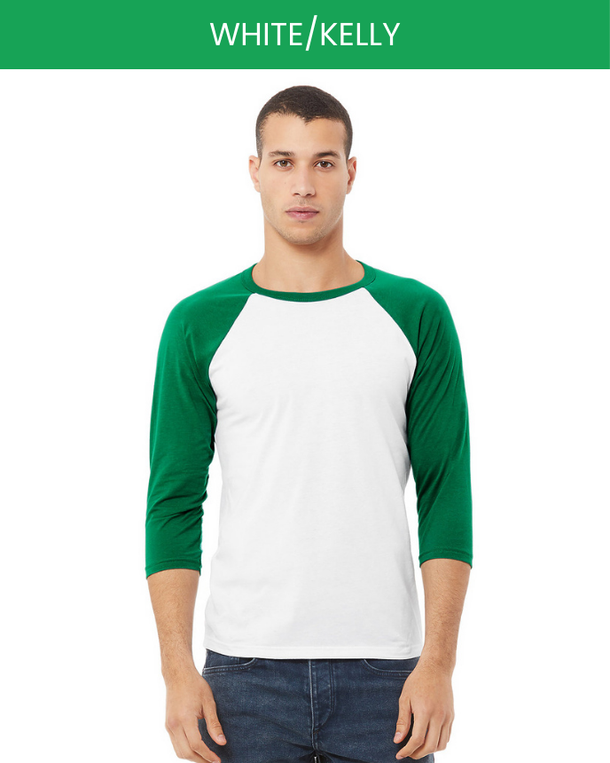 Unisex 3/4 Sleeve Baseball T-shirt Bella Canvas 3200 White Kelly