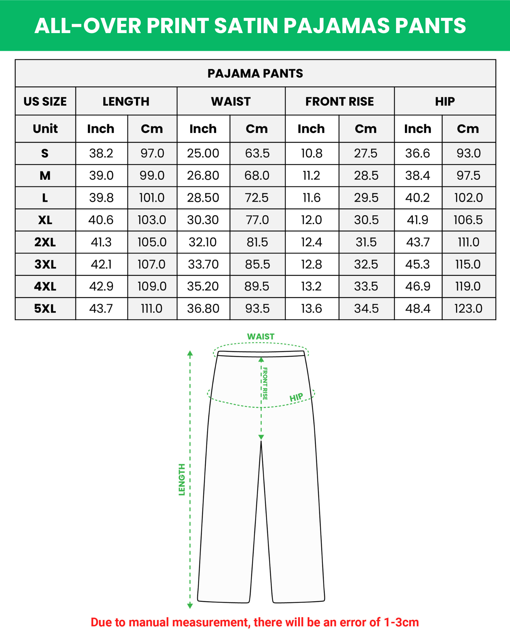 All-over Print Satin Short-Sleeve Pajamas Set with Long Pants size chart