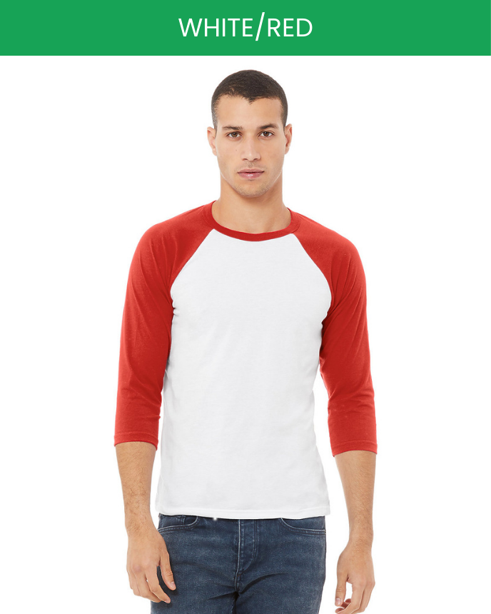 Unisex 3/4 Sleeve Baseball T-shirt Bella Canvas 3200 White Red