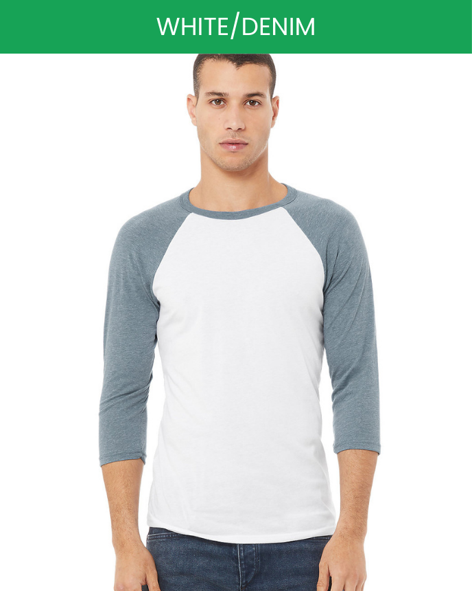 Unisex 3/4 Sleeve Baseball T-shirt Bella Canvas 3200 White Denim