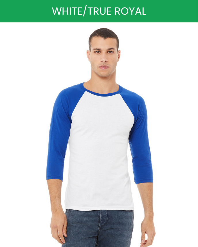 Unisex 3/4 Sleeve Baseball T-shirt Bella Canvas 3200 White Royal Blue