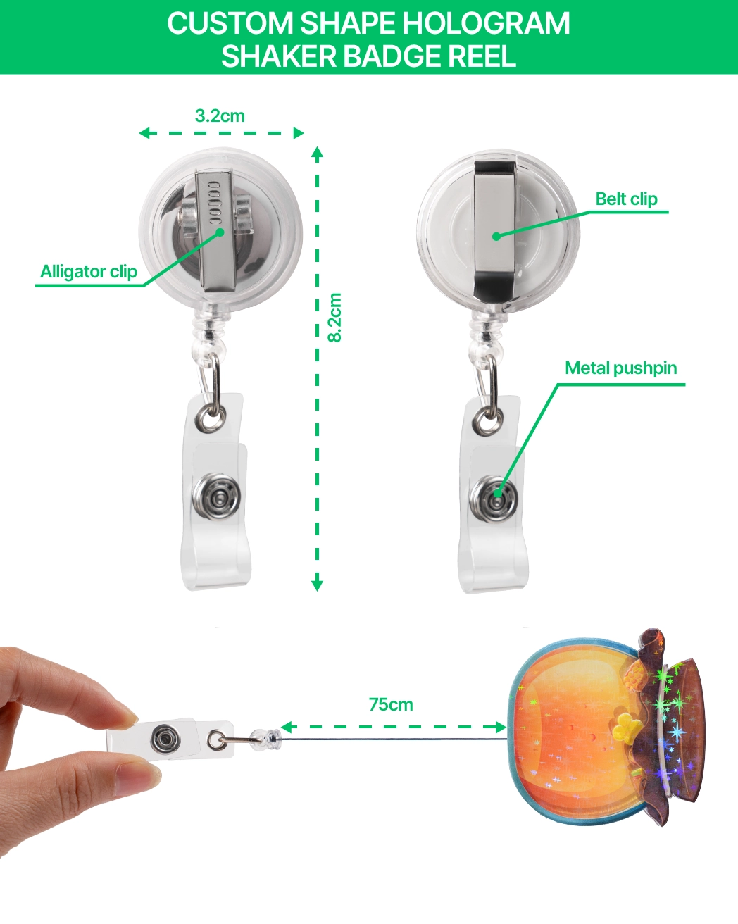 custom shape hologram shaker badge reel