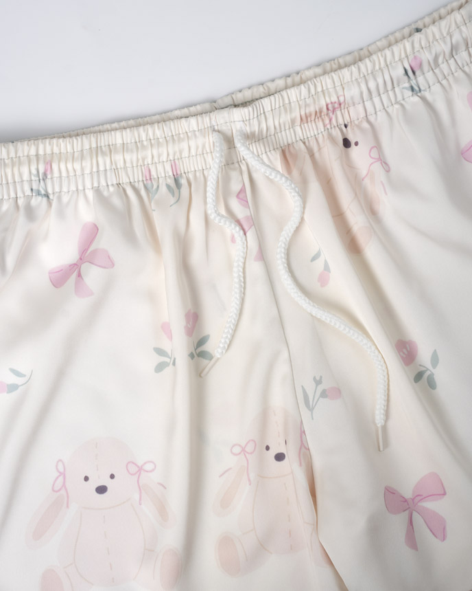 All-over Print Satin Short-Sleeve Pajamas Set Without Pocket (Loose Shorts)
