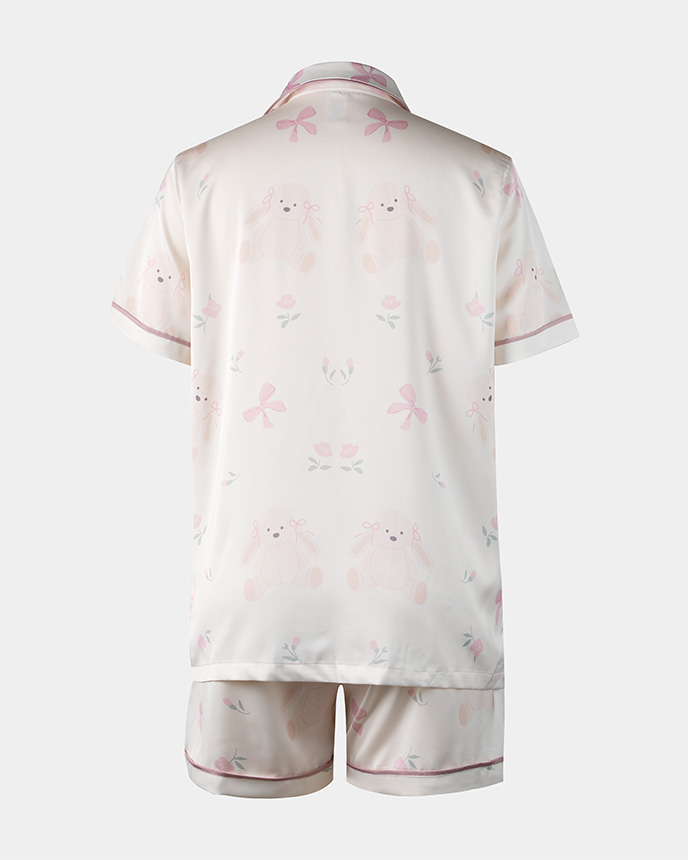 All-over Print Satin Short-Sleeve Pajamas Set Without Pocket (Loose Shorts)