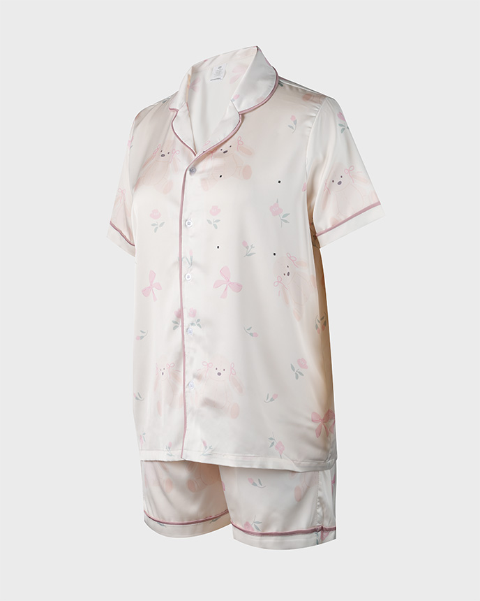 All-over Print Satin Short-Sleeve Pajamas Set Without Pocket (Loose Shorts)