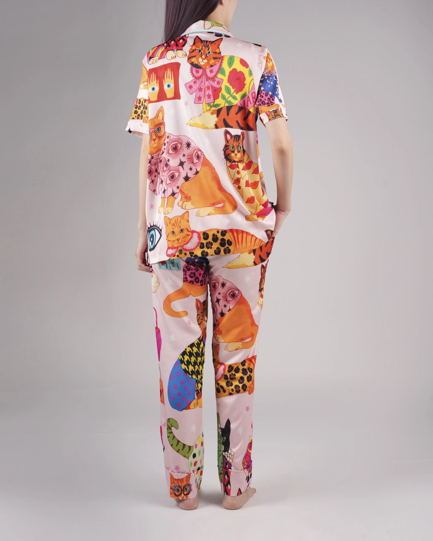 All over print satin short-sleeve pajamas set with long pants