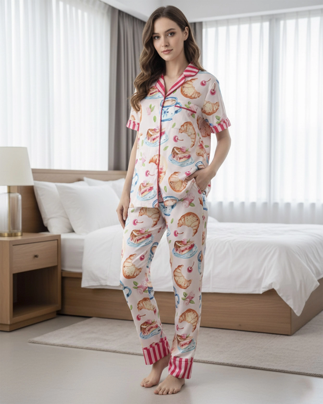 All over print satin short-sleeve pajamas set with long pants