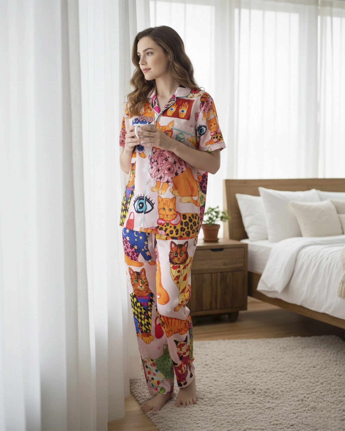 All over print satin short-sleeve pajamas set with long pants