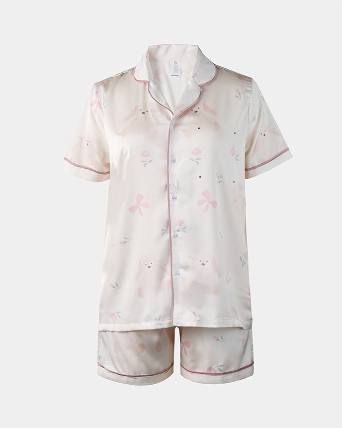 All-over Print Satin Short-Sleeve Pajamas Set Without Pocket (Loose Shorts)
