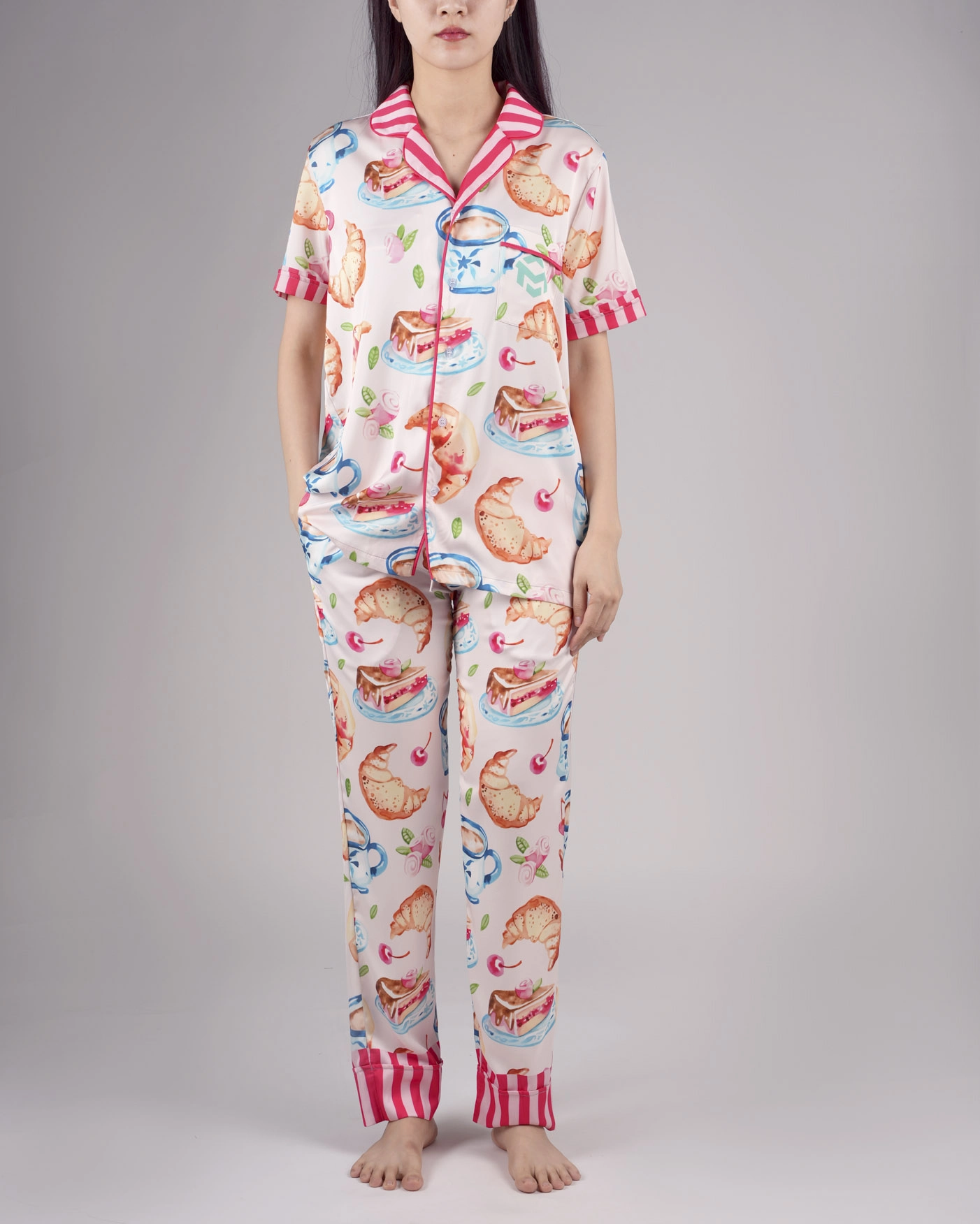 All-over Print Satin Short-Sleeve Pajamas Set with Long Pants